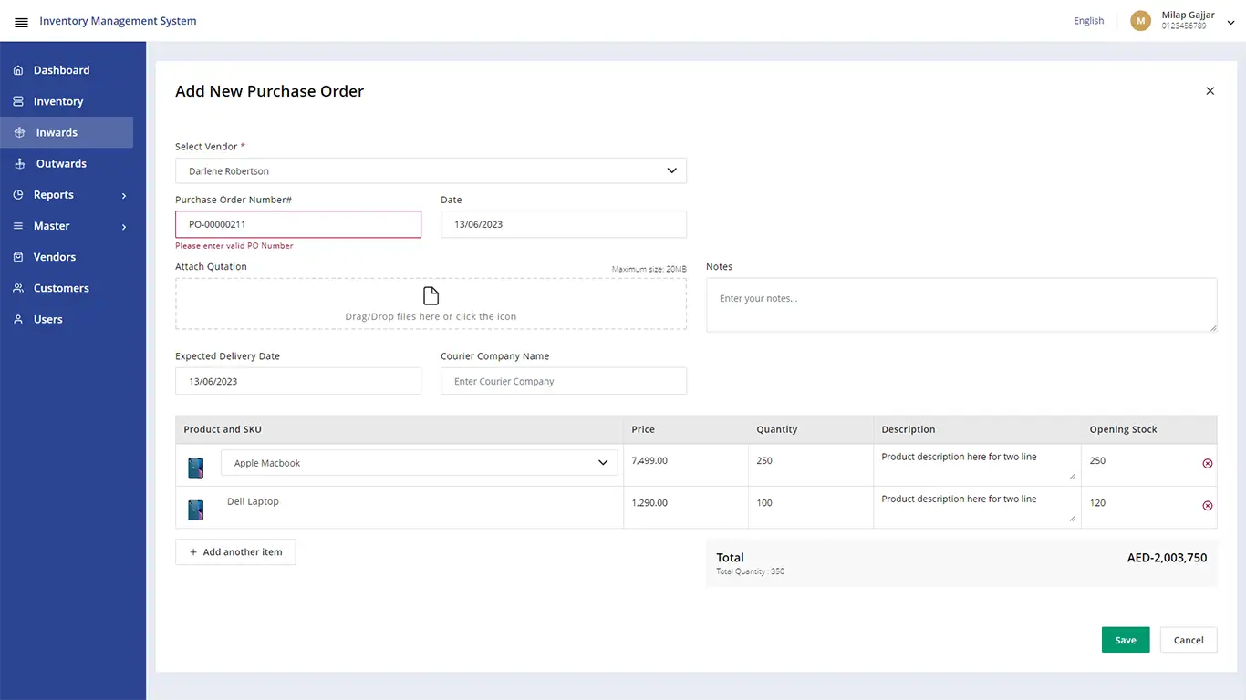 Add PO - Inventory Management