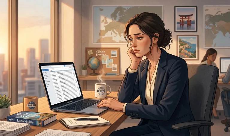 Travel DMC sales executive reviewing an overflowing email inbox while preparing manual travel quotations