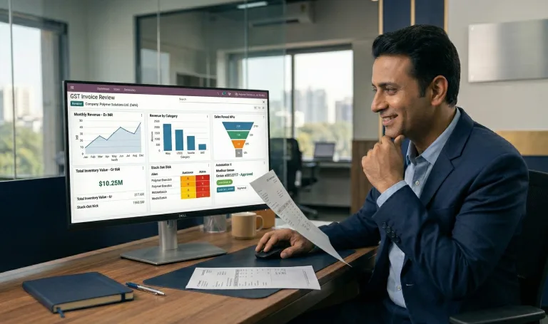 Business owner reviewing Odoo dashboard with sales and inventory analytics