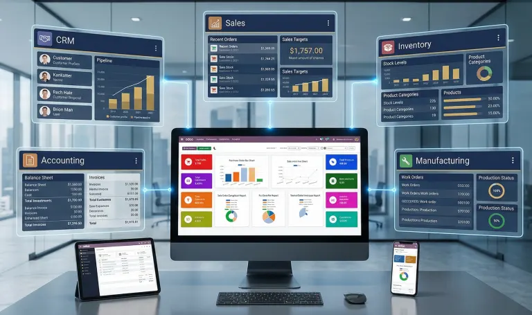 Odoo ERP modules including CRM sales inventory and accounting for trading business